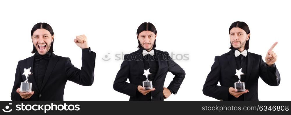 Businessman with star award isolated on white