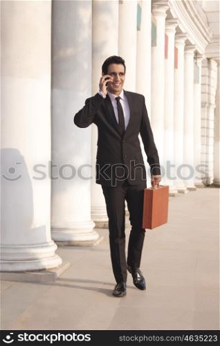 Businessman with suitcase talking on a mobile phone , INDIA , DELHI