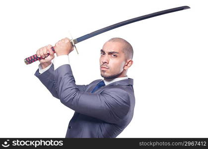 Businessman with sword isolated on white