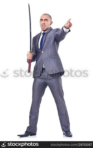 Businessman with sword isolated on white