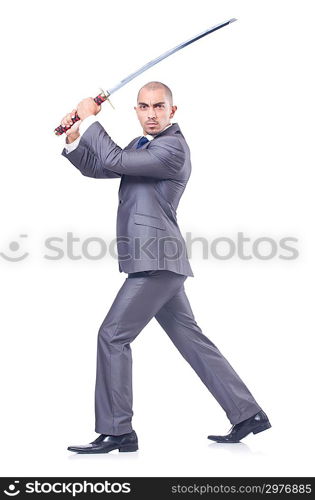 Businessman with sword isolated on white