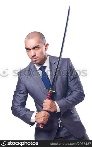 Businessman with sword isolated on white