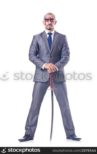 Businessman with sword isolated on white