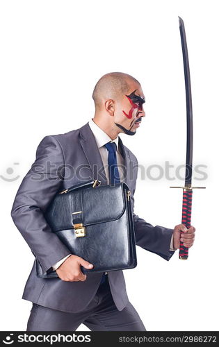 Businessman with sword isolated on white