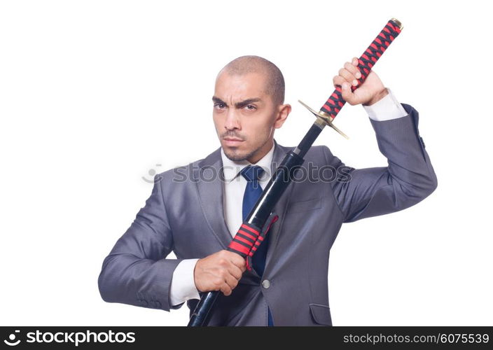 Businessman with sword isolated on white