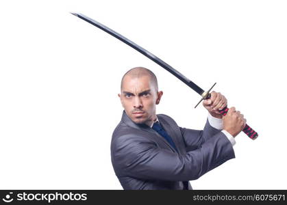 Businessman with sword isolated on white