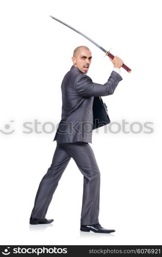 Businessman with sword isolated on white