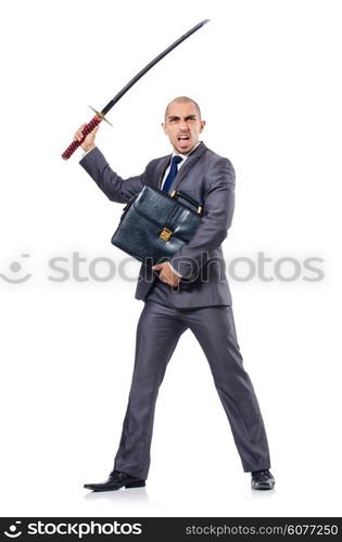 Businessman with sword isolated on white