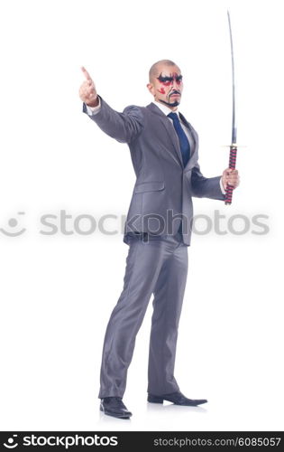 Businessman with sword isolated on white