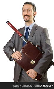 Businessman with sword on white