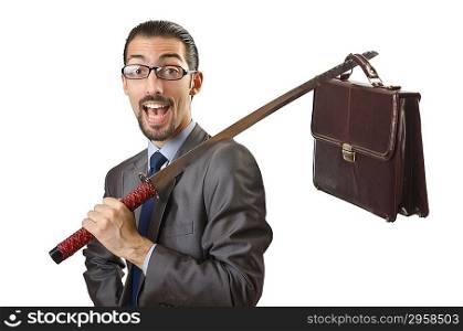 Businessman with sword on white