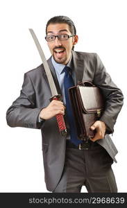 Businessman with sword on white