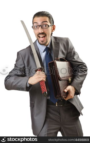 Businessman with sword on white