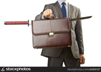 Businessman with sword on white