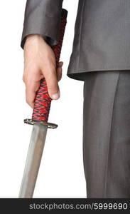 Businessman with sword on white