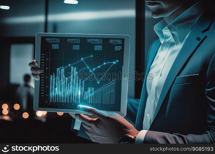 businessman with tablet and charts. Illustration Generative AI. businessman with tablet and charts. Illustration AI Generative