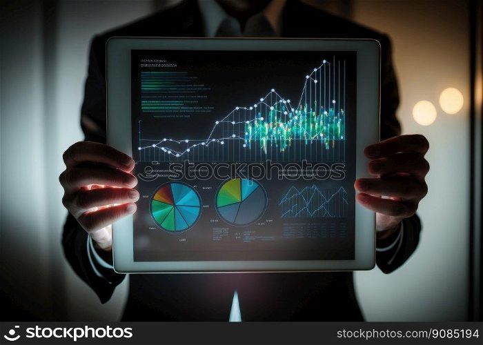 businessman with tablet and charts. Illustration Generative AI. businessman with tablet and charts. Illustration AI Generative