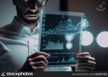 businessman with tablet and charts. Illustration Generative AI. businessman with tablet and charts. Illustration AI Generative