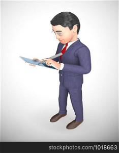 Businessman with tablet computer or touchpad for portable data work. Mobile applications using network - 3d illustration