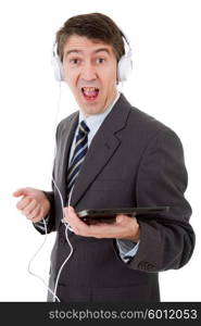 businessman with tablet pc and headphones, isolated