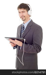 businessman with tablet pc and headphones, isolated