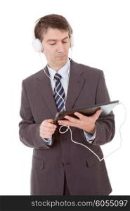 businessman with tablet pc and headphones, isolated