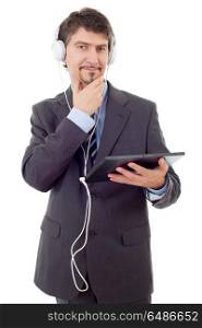 businessman with tablet pc and headphones, isolated. businessman