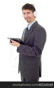 businessman with tablet pc and headphones, isolated. businessman
