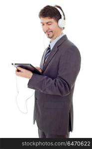businessman with tablet pc and headphones, isolated. working
