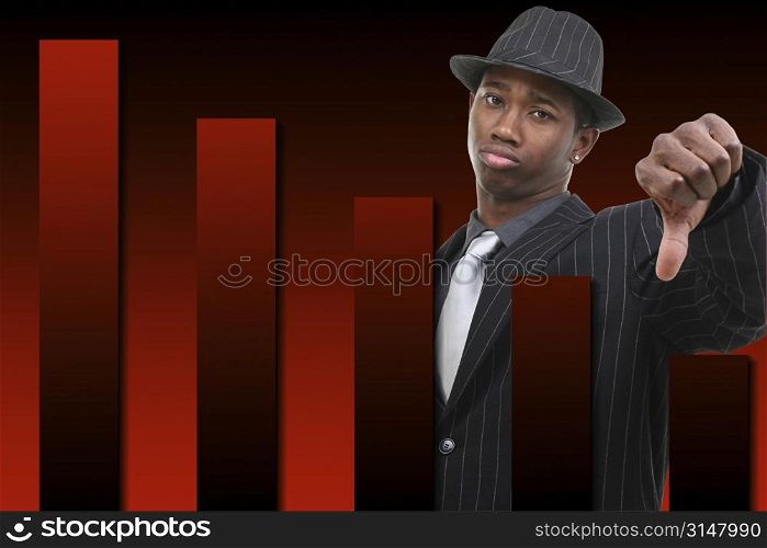 Businessman With Thumb Down Over Falling Graph Background. Red and black graph.