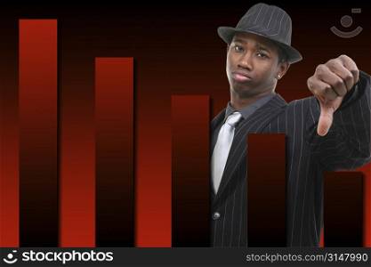 Businessman With Thumb Down Over Falling Graph Background. Red and black graph.