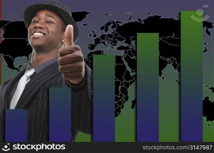 Businessman With Thumb Up Over Rising Graph Background. Red and black background.