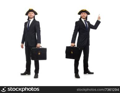 Businessman with tricorn and briefcase isolated on white