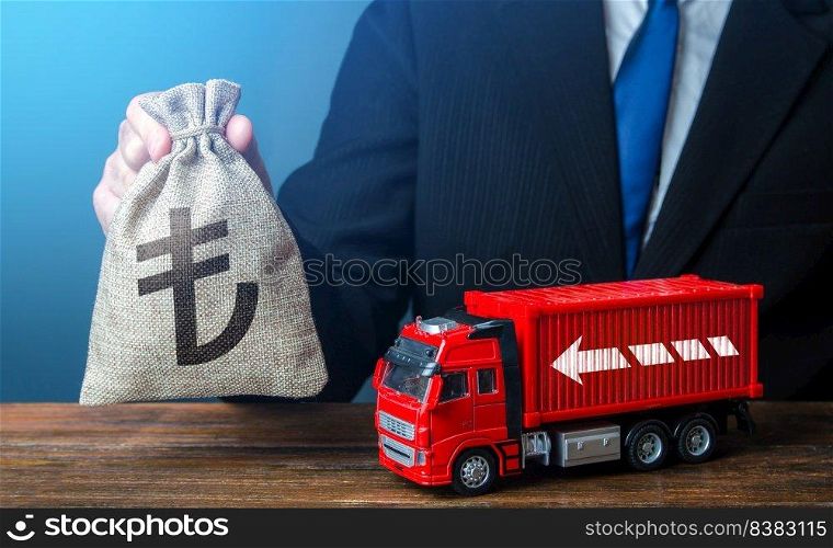 Businessman with turkish lira money bag and truck. Good salaries for drivers. Rising prices, global containers shortage crisis. Logistics. High income of transporting goods.