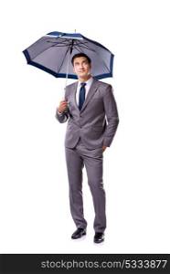 Businessman with umbrella isolated on white background