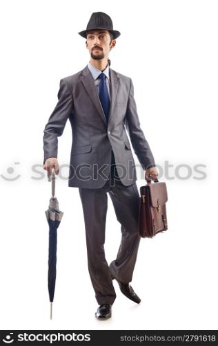 Businessman with umbrella on white