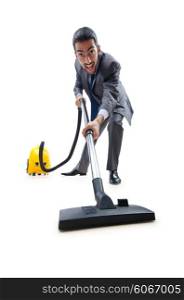 Businessman with vacuum cleaner on white