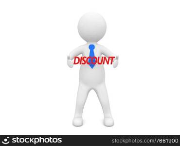 Businessman with word discount on white background. 3d render illustration.. Businessman with word discount on white background. 