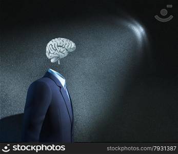 Businessman without head just with sketched brain. Brainstorming and inspiration concept