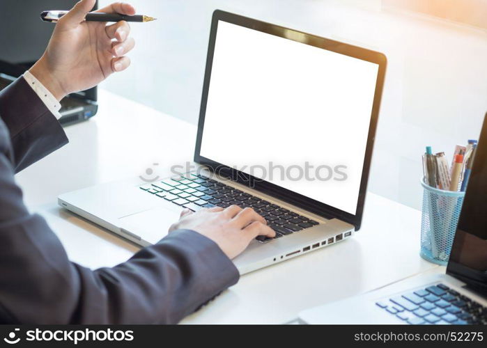 Businessman working laptop while sitting at the desk, Blurred background, horizontal mockup