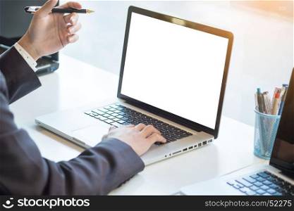 Businessman working laptop while sitting at the desk, Blurred background, horizontal mockup