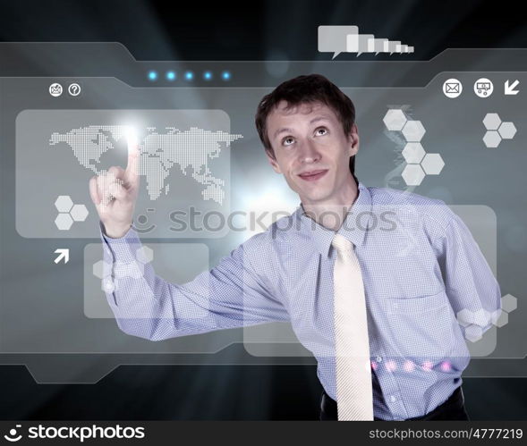 Businessman working on a virtual digital keyboard