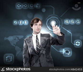 Businessman working on a virtual digital keyboard