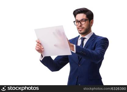 Businessman working on tablet isolated on the white background