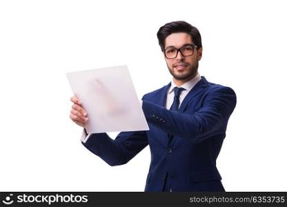 Businessman working on tablet isolated on the white background