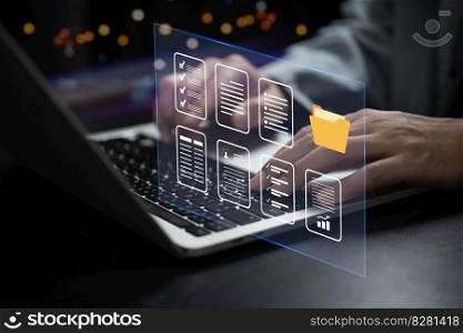 Businessman working online data and document system on laptop with virtual screen. Online database and document management system and keep in security folder concept.