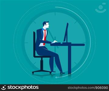 Businessman working overtime on the computer. Concept business illustration. Vector flat