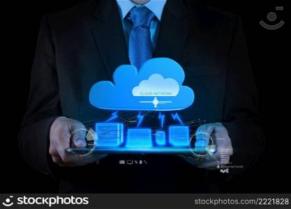 Businessman working with a Cloud Computing diagram on the new tablet computer interface