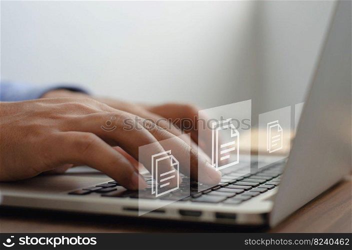 Businessman working with document management symbols with icons on screen virtual ERP data digital files or software. record keeping database technology file access document sharing