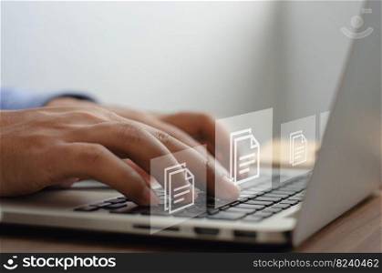 Businessman working with document management symbols with icons on screen virtual ERP data digital files or software. record keeping database technology file access document sharing